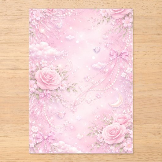 Dreamy Pink Rose Floral Pearls Bows Sparkle Pastel アクリル招待状 (正面)