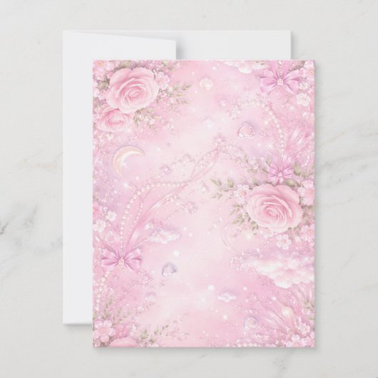 Dreamy Pink Rose Floral Pearls Bows Sparkle Pastel 出欠カード (正面)