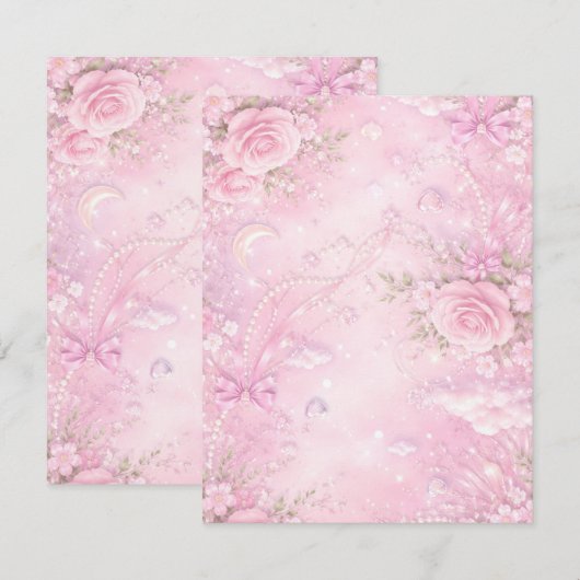 Dreamy Pink Rose Floral Pearls Bows Sparkle Pastel 出欠カード (正面/裏面)