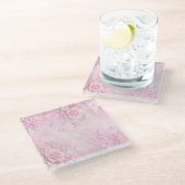 Dreamy Pink Rose Floral Pearls Bows Sparkles ガラスコースター (アングル)