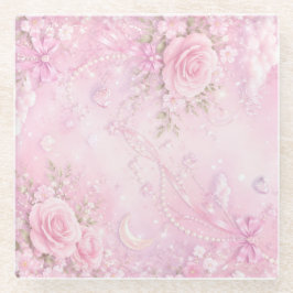 Dreamy Pink Rose Floral Pearls Bows Sparkles ガラスコースター