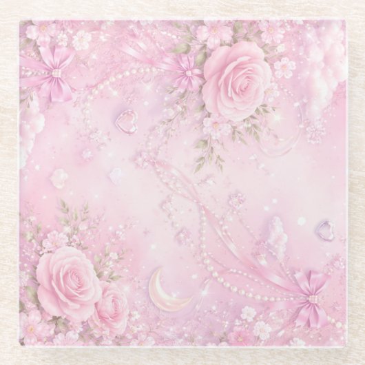 Dreamy Pink Rose Floral Pearls Bows Sparkles ガラスコースター (正面)