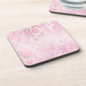 Dreamy Pink Rose Floral Pearls Bows Sparkles コースター (左側)