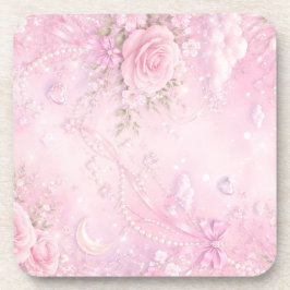 Dreamy Pink Rose Floral Pearls Bows Sparkles コースター