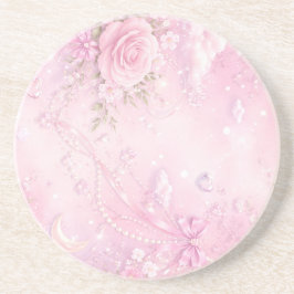 Dreamy Pink Rose Floral Pearls Bows Sparkles コースター
