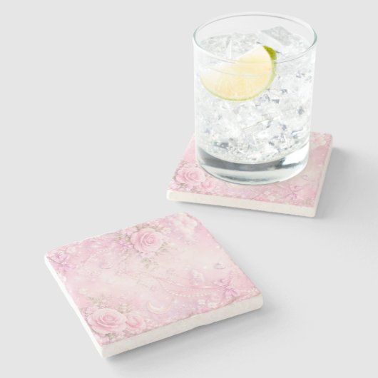 Dreamy Pink Rose Floral Pearls Bows Sparkles ストーンコースター (横)