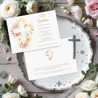 Dreamy Pink Shades Floral Cross-Shape Baptism 招待状