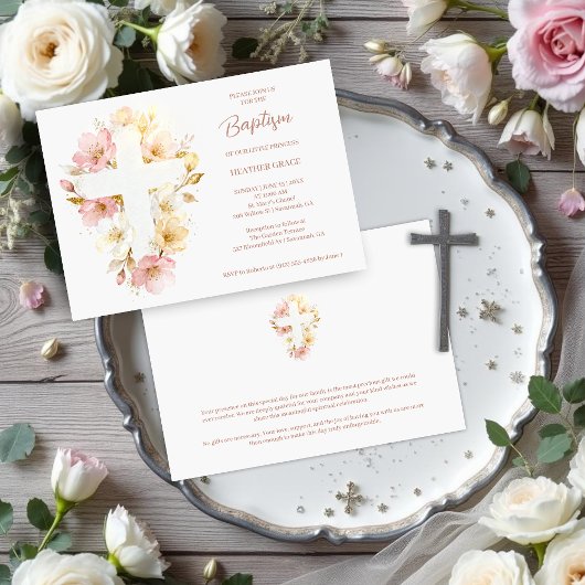 Dreamy Pink Shades Floral Cross-Shape Baptism 招待状