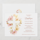 Dreamy Pink Shades Floral Cross-Shape Baptism 招待状 (正面/裏面)