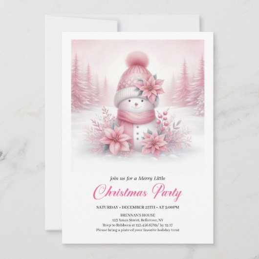 Dreamy Pink Snowman Digital Christmas Invite  招待状 (正面)