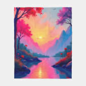 Dreamy River Sunset Serene Fantasy Mountains フリースブランケット (正面)