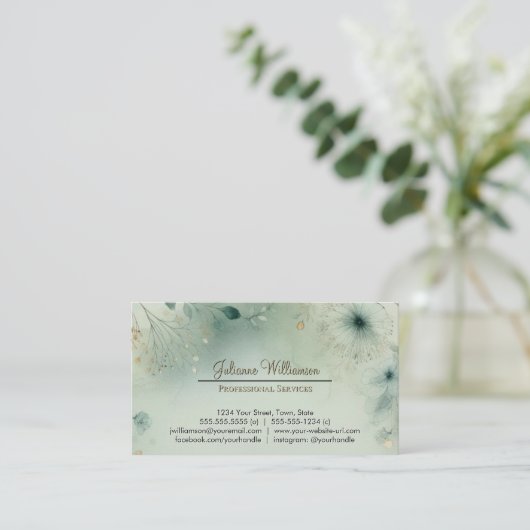 Dreamy Sage Green & Gold Watercolor Botanical 名刺 (スタンド正面)