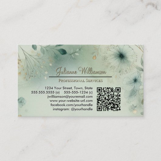 Dreamy Sage Green & Gold Watercolor QR Code 名刺 (正面)