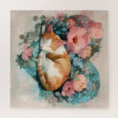 Dreamy Sleeping Ginger Cat Floral Watercolor ジグソーパズル (横)