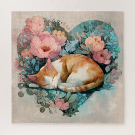 Dreamy Sleeping Ginger Cat Floral Watercolor ジグソーパズル