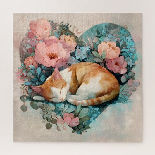 Dreamy Sleeping Ginger Cat Floral Watercolor ジグソーパズル (縦)