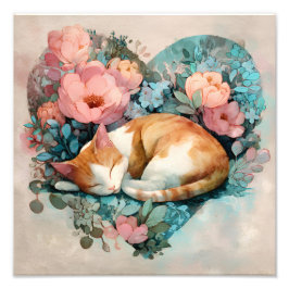 Dreamy Sleeping Ginger Cat Floral Watercolor フォトプリント