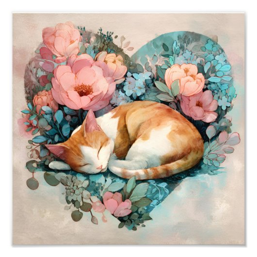 Dreamy Sleeping Ginger Cat Floral Watercolor フォトプリント (正面)