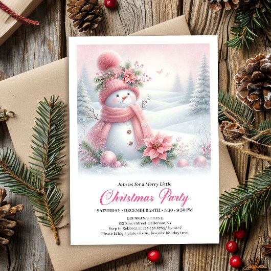 Dreamy Snowy Forest Pink Snowman Christmas Invite  招待状