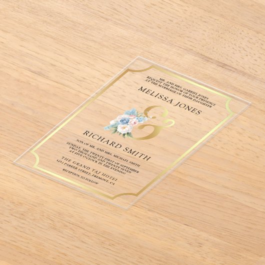 Dreamy Soft Blue Pink Floral Wedding アクリル招待状 (レイダウン)