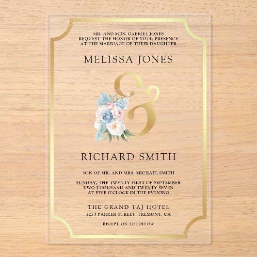 Dreamy Soft Blue Pink Floral Wedding アクリル招待状 (正面)