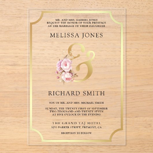 Dreamy Soft Pink Floral Gold Wedding アクリル招待状 (正面)