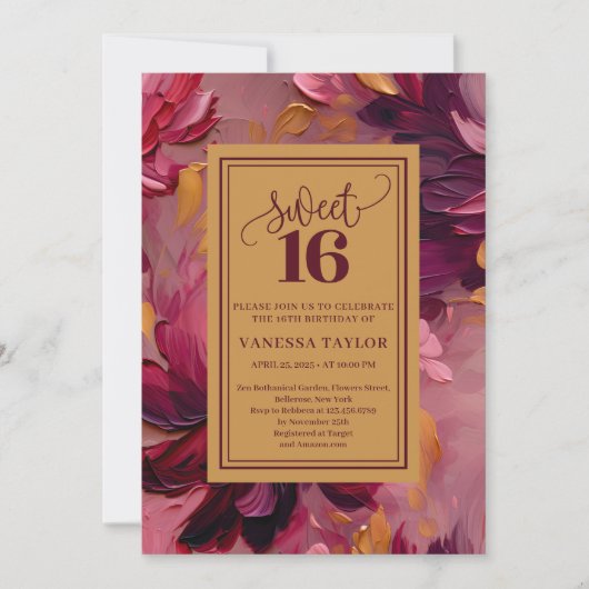 Dreamy Sweet 16 Burgundy Blush Boho Invitation 招待状 (正面)