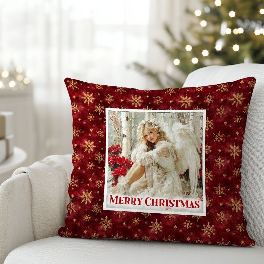 Dreamy Victorian Angel Red and Gold Holiday Pillow クッション