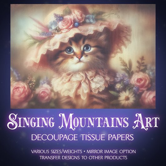 Dreamy Victorian Cat in Floral Hat Decoupage 薄葉紙