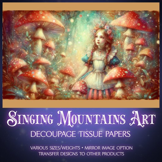 Dreamy Watercolor Alice and Mushrooms Decoupage 薄葉紙