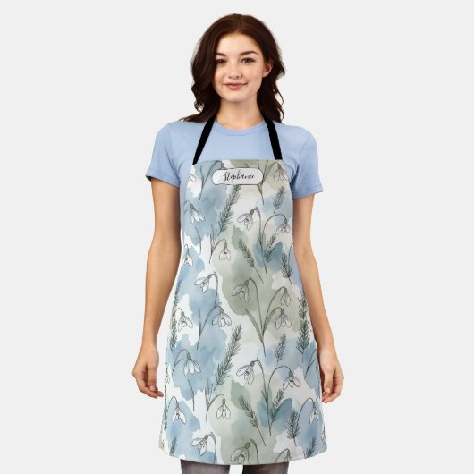 Dreamy Watercolor Snowdrop Floral Pattern Personal エプロン (着用した状態)