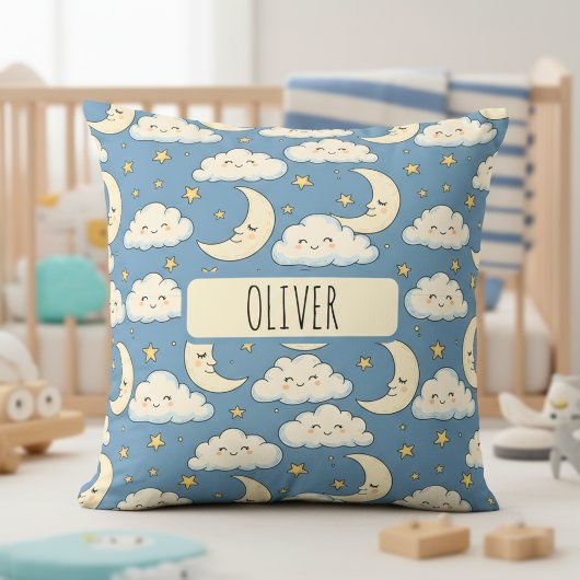 Dreamy Whimsical Sleeping Moon and Clouds クッション