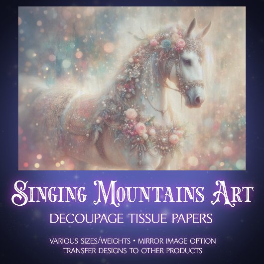 Dreamy White Horse With Floral Accents Decoupage 薄葉紙