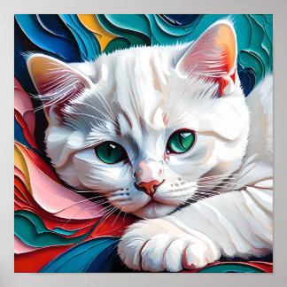 Dreamy White Kitten – Soft Pastel Abstract Cat Art ポスター