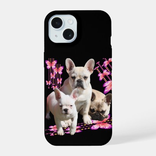 Drei französische Bulldoggen mit Schmetterling iPhone 15ケース (裏面)
