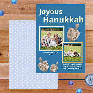Dreidel 素朴 Oak Blue 2写真Joyous Hanukkah 箔シーズンカード