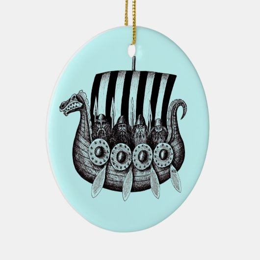 Drekarの白黒ペンインクスケッチのバイキング セラミックオーナメント (右)