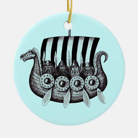 Drekarの白黒ペンインクスケッチのバイキング セラミックオーナメント (正面)