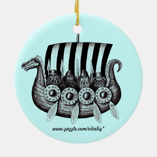 Drekarの白黒ペンインクスケッチのバイキング セラミックオーナメント (裏面)