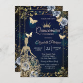 Dress,Butterfllies Navy Blue Flowers Quinceañera 招待状 (正面/裏面)