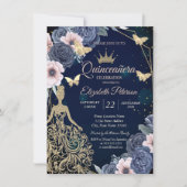 Dress,Butterfllies Stars Blue Flowers Quinceañera 招待状 (正面)