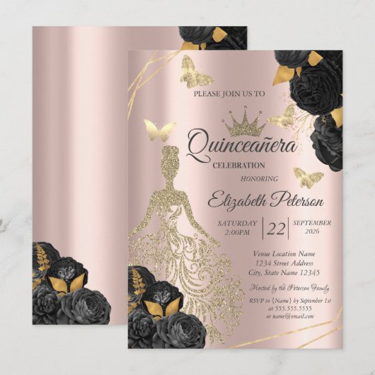 Dress,Butterfly Black Roses Rose Gold Quinceañera 招待状 (正面/裏面)