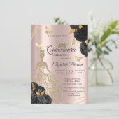 Dress,Butterfly Black Roses Rose Gold Quinceañera 招待状 (スタンド正面)