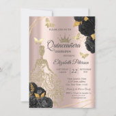 Dress,Butterfly Black Roses Rose Gold Quinceañera 招待状 (正面)