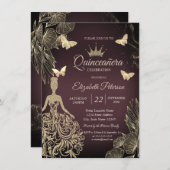 Dress,Gold Butterfllies Flowers Dark Quinceañera 招待状 (正面/裏面)
