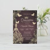 Dress,Gold Butterfllies Flowers Dark Quinceañera 招待状 (スタンド正面)