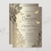 Dress,Gold Butterfllies Flowers Gold Quinceañera 招待状 (正面/裏面)