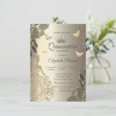Dress,Gold Butterfllies Flowers Gold Quinceañera 招待状 (スタンド正面)