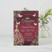 Dress,Gold Butterfllies Flowers Red Quinceañera 招待状 (スタンド正面)