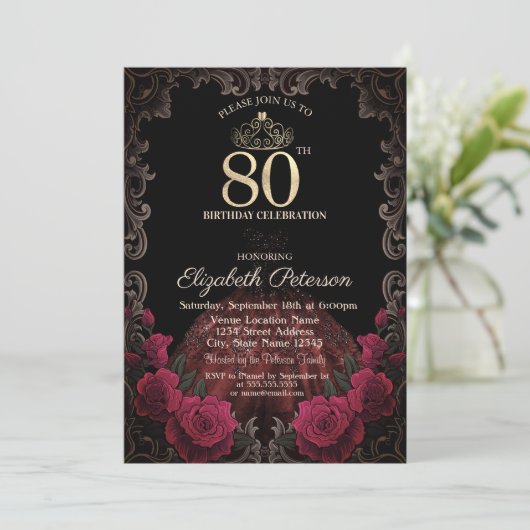  Dress,Tiara,Red Roses Gothic Frame 80th Birthday 招待状 (スタンド正面)